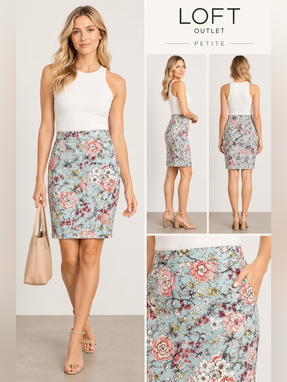 LOFT Outlet Petite Floral Pencil Skirt Size 4P Blue Pink Textured NWT